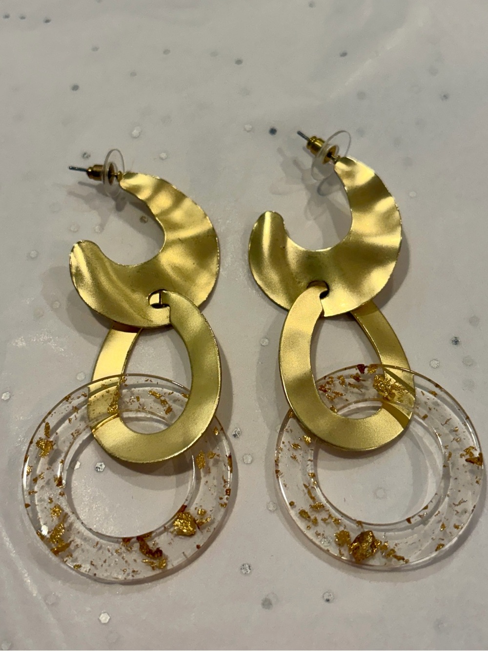Gold Link Drop Earrings with Clear Gold-Fleck Hoops